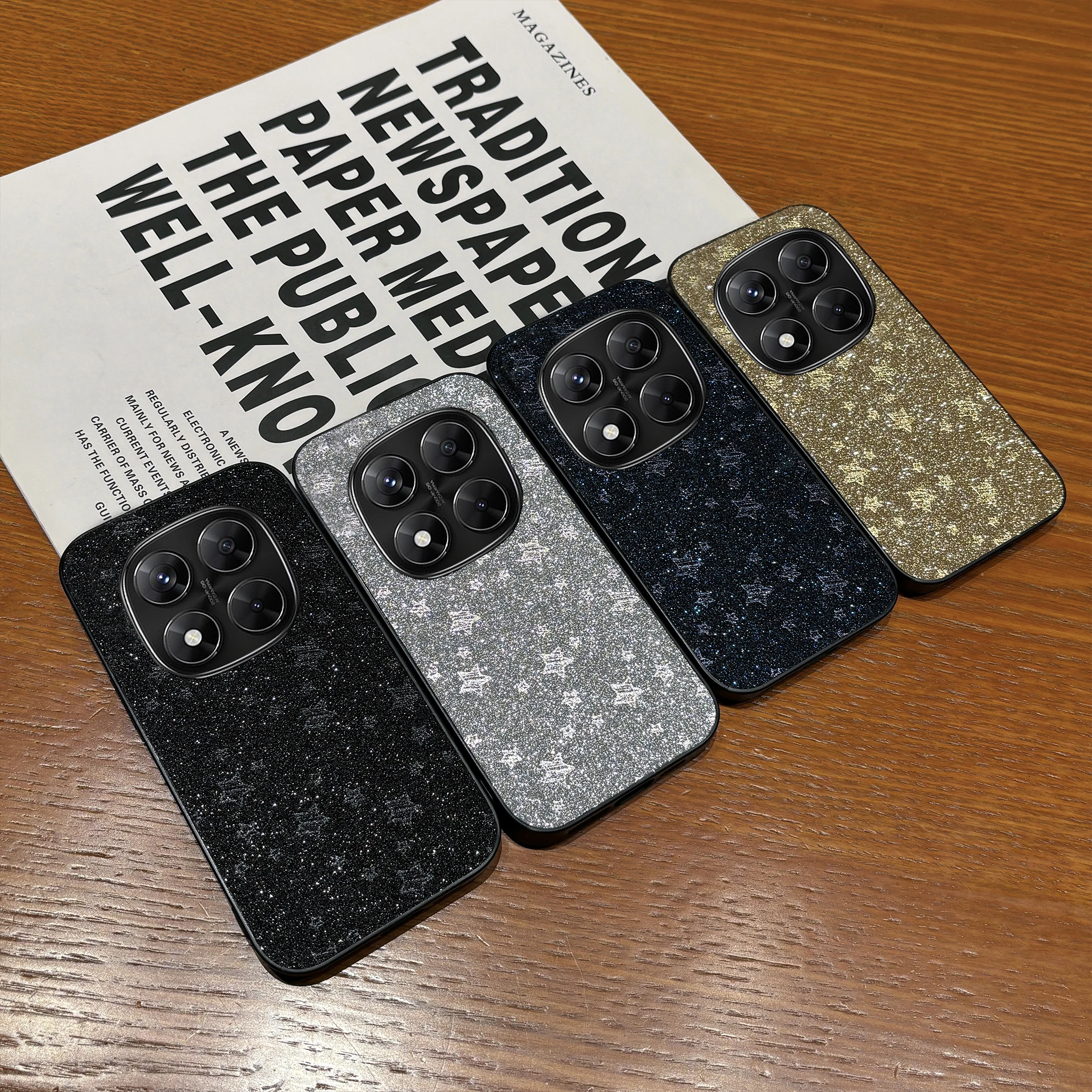 Luxuriöse Funkelnde Sterne Leder-Handyhülle für Xiaomi Redmi Note 14 15 4G 5G Pro Plus Matte Stoßfeste Weiche Rückabdeckung