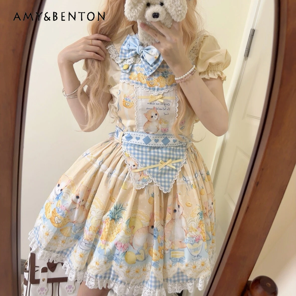 ชุดเดรสสายเดี่ยวพิมพ์ลายการ์ตูนแมวน่ารักสไตล์โลลิต้า JSK สำหรับใส่ได้ทุกวัน ดีไซน์ญี่ปุ่นน่ารัก โบว์ผูกโบว์ทรงพอง ช่วยให้ดูผอมเพรียว เหมาะสำหรับงานวันเกิดสำหรับผู้หญิง