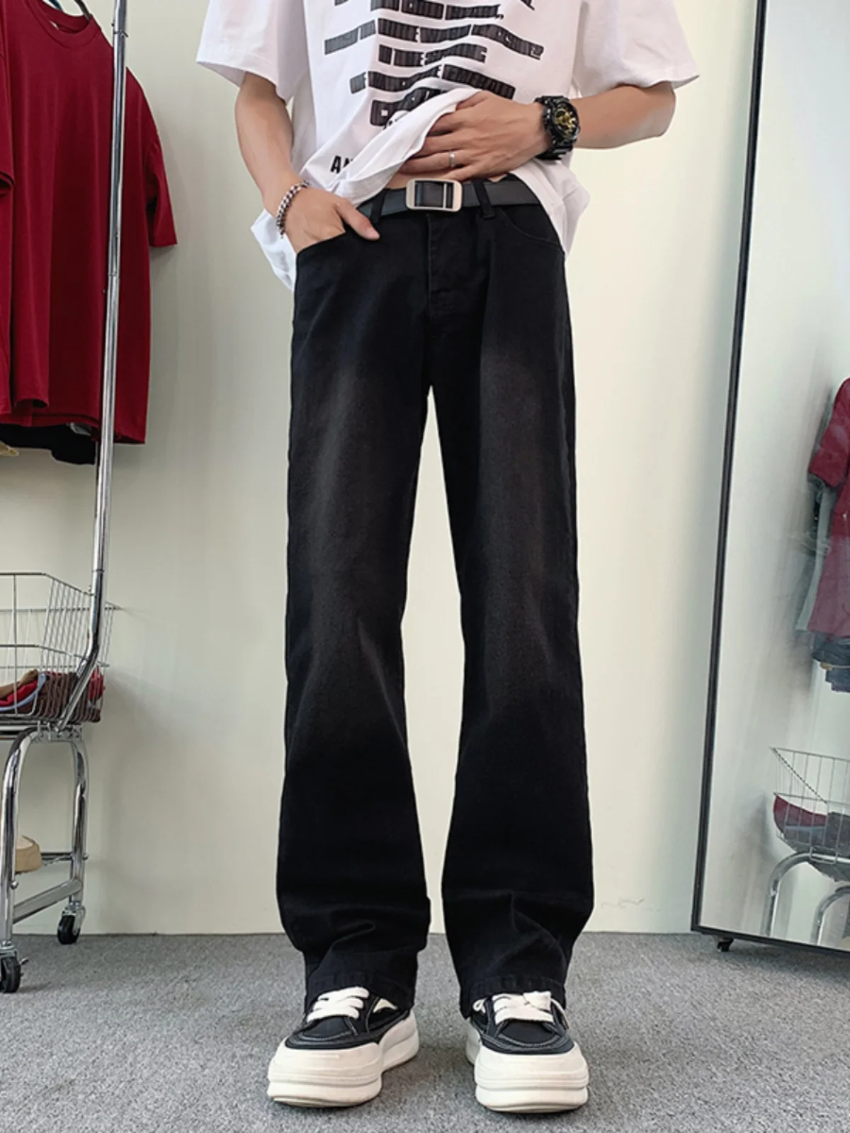 

Летние тонкие прямые мужские джинсы свободного кроя в американском стиле, повседневные модные длинные брюки с расклешенными штанинами, средней посадкой и застежкой-молнией