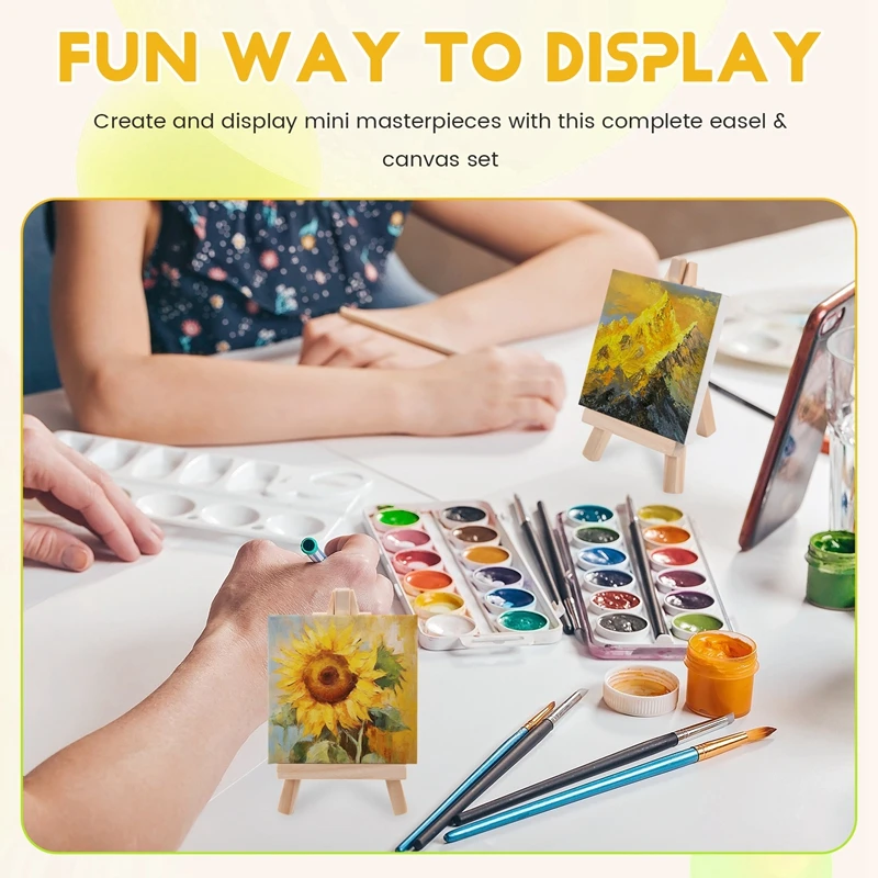 14Pcs Mini Canvas And Easel Brush Set, Canvas 4X4 Inch, Pre-Stretched Canvas, Mini Painting Kit, Kids Painting Party