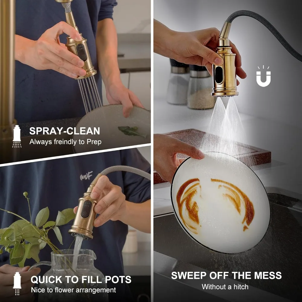 Ausziehbarer Küchenarmatur aus gebürsteter Bronze mit goldenem Spültischmischer und magnetischer Docking