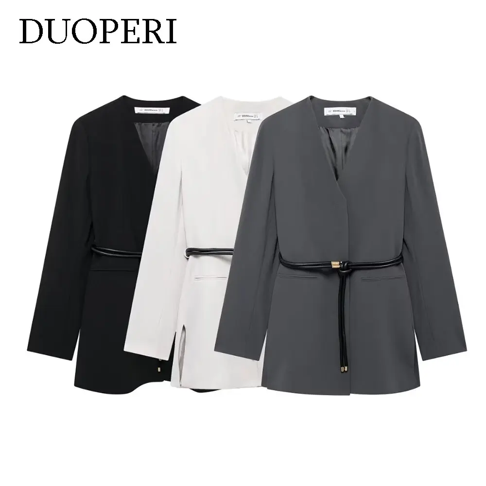 

DUOPERI Women Solid Blazer With Belt V-Neck Long Sleeves Female Chic Lady Casual Outfits