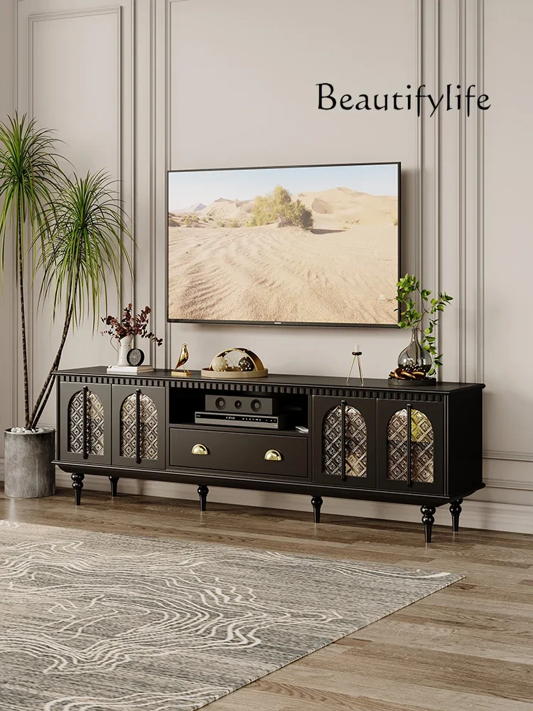 

French Retro Solid Wood TV Cabinet Living Room Glass Strip Induction Lamp Black Art Light Luxury Audiovisual Cabinet