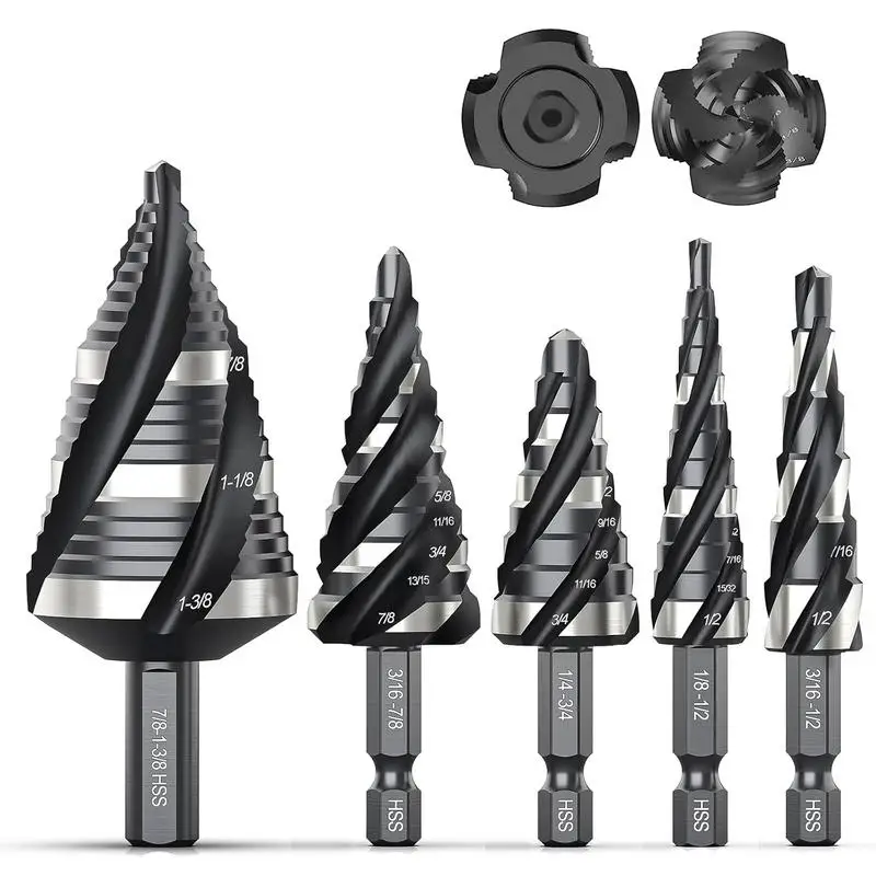 

THINKWORK Four Spiral Flute Step Drill Bit Set, 5 Pcs Unibit HSS Step Drill Bits (1/8"-1-3/8")