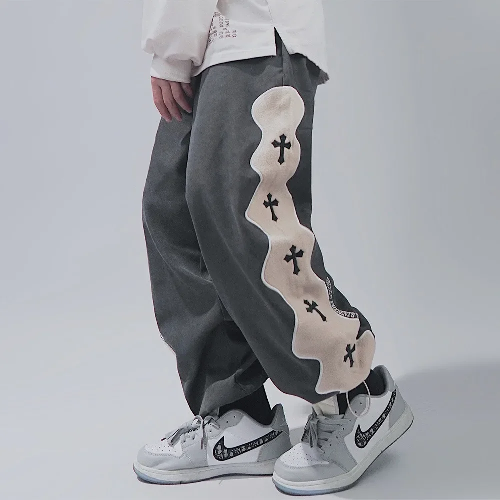 

American Hip Hop Loose Straight Leg Sweatpants High Street Cross Embroidered White Large Size Sweatpants for Men Pants