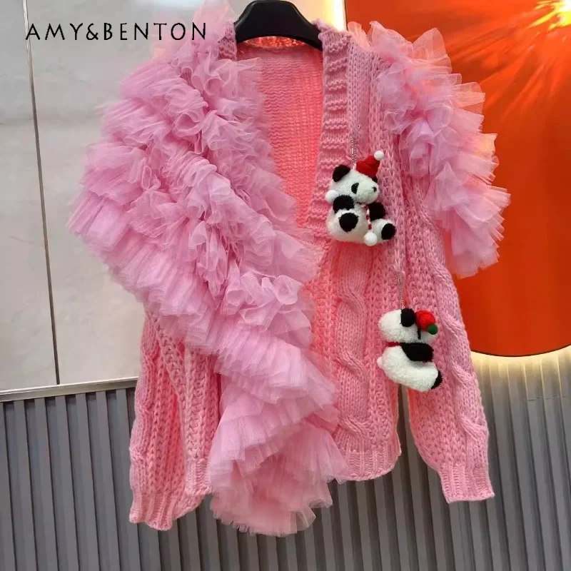 2024 Autumn And Winter New Pink Knitwear Single-breasted Cardigan Cartoon Fungus Edge Yarn Sweater Jacket Sweet Knitted Jacket