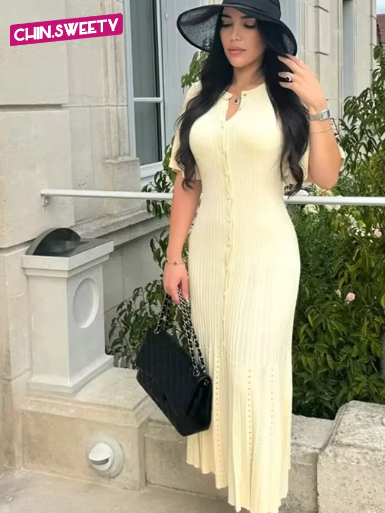 

2025 женское элегантное трикотажное длинное платье, повседневное однотонное платье с круглым вырезом и короткими рукавами, на пуговицах, с высокой талией, с разрезом, новое женское модное платье