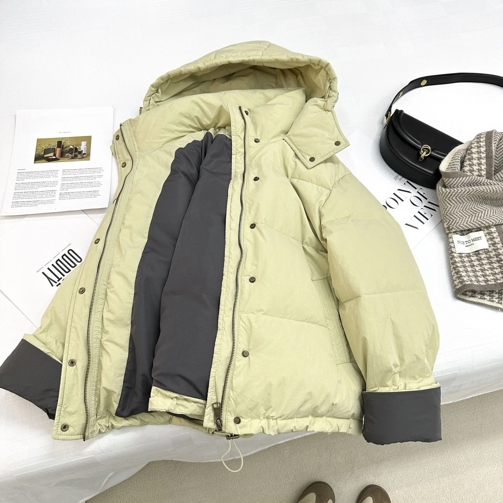 Stijlvol geelgroen winterkatoenen jas Dames losse casual jas met capuchon Trendy comfortabele modieuze bovenkleding