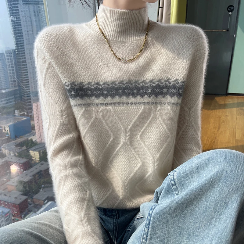 

Fall/winter sweater women's half-high-necked long-sleeved 100% merino wool pullover casual color matching cashmere sweater