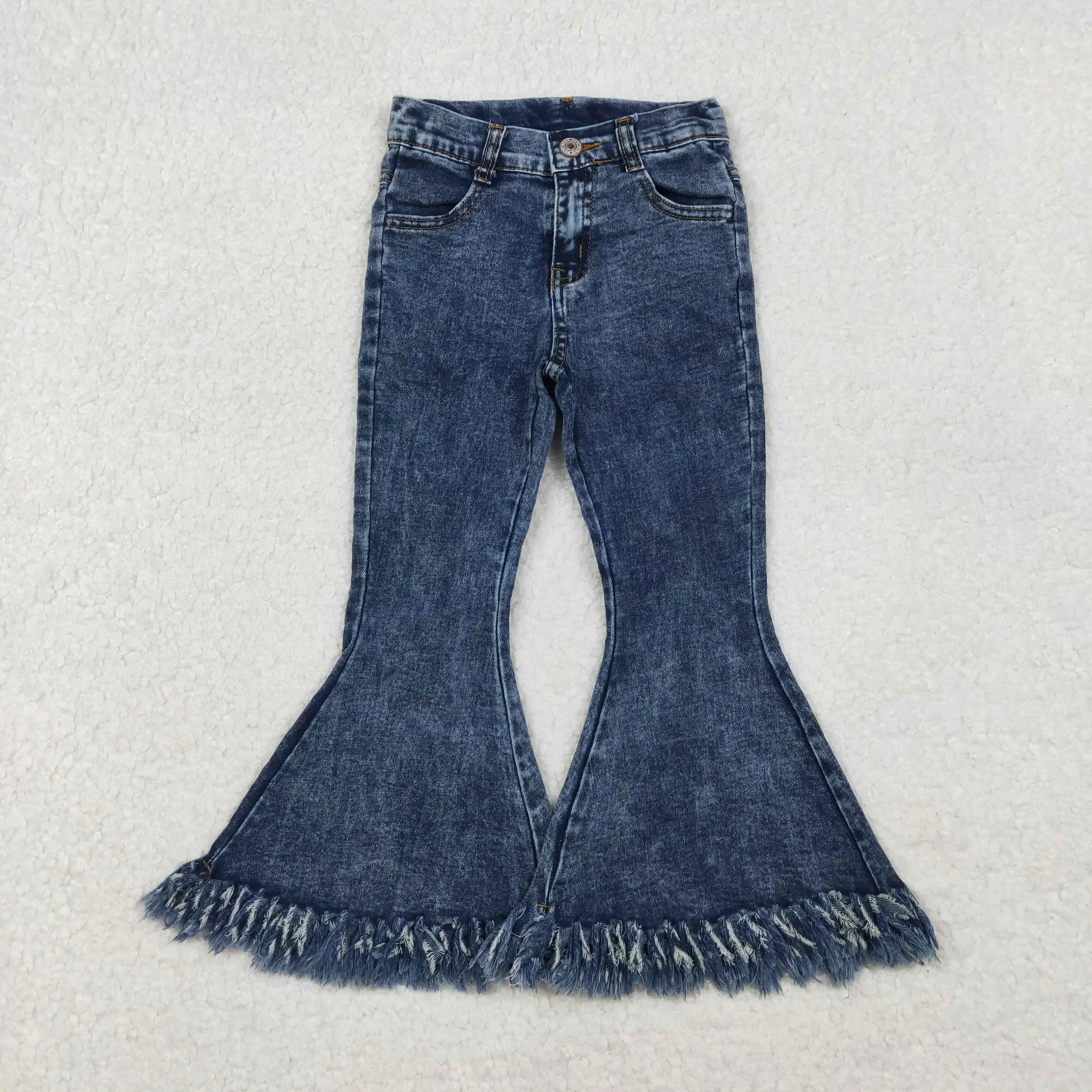 

Baby Girls Navy Denim Bell Bottom Pants with Light Tassels Baby Fashion Outfit Bottoms Navy Blue Tassel Trim Denim Jeans