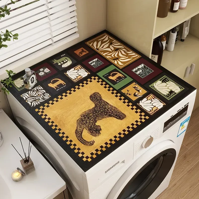 VIKAMA Patchwork Bear Fox Washing Machine Cover Mat Four Grid Floral Print Waterproof Anti Dust Laundry Dryer Surface Pad