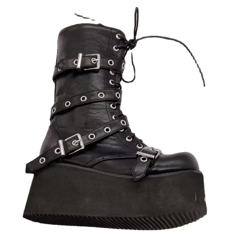 2024 New Punk Style Women\'s Boots Wedges Platform Boots Metal Buckle Mid-calf Boots 6CM Shoes Woman Gothic Ankle Boot Size 43