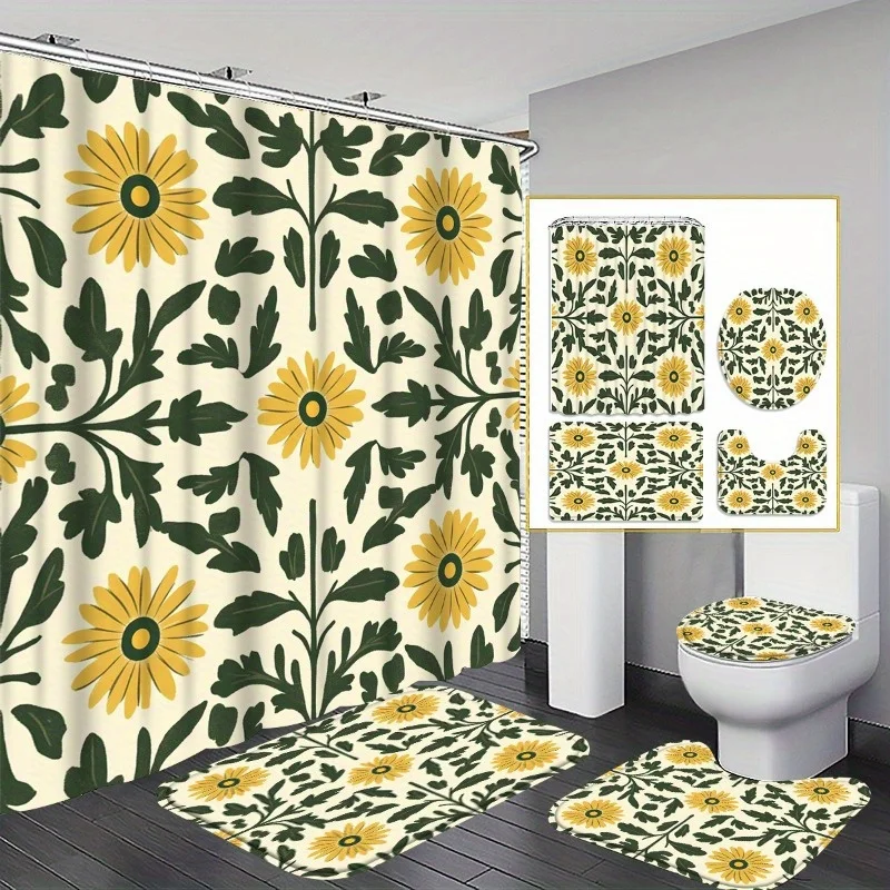 

Набор для ванной комнаты из 4 предметов с рисунком ромашки включает U-образный чехол на сиденье унитаза, чехол на сиденье унитаза, нескользящий коврик и занавеску для душа.