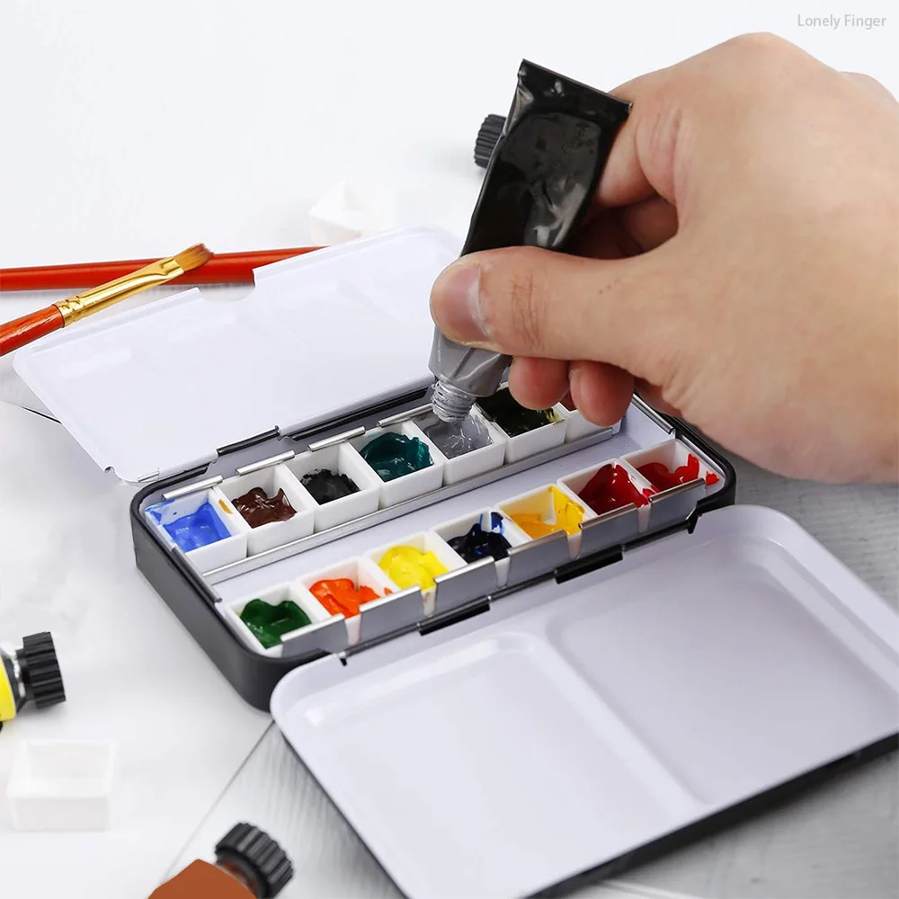 لوحة ألوان مائية فارغة: لوحة ألوان مائية للسفر مع 14 نصف مقالي - صندوق قصدير معدني محمول #5