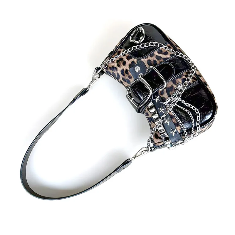 Y2K Leopard Print Underarm Shoulder Bag, Punk Star Rivet Multi Chain Decor Women Buckle Strap Hobo Handbag