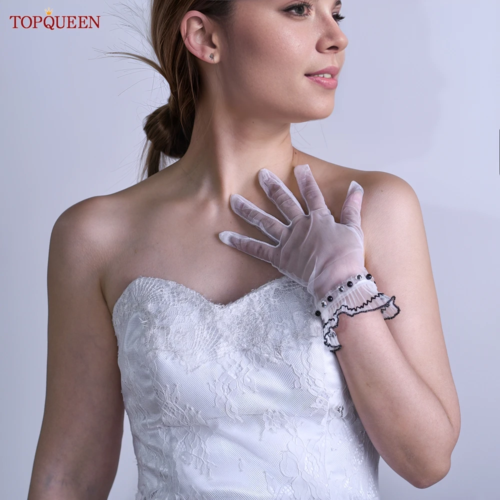 TOPQUEEN Wrist Bridal Gloves Off White Pearl Beaded Lace Gloves Light Mesh Women'S Ball Performance Accessories T04