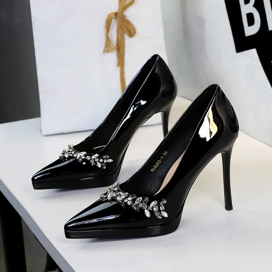 Zapatos BIGTREE con plataforma y tacones altos con diamantes de imitación para mujer, zapatos de tacón de charol para mujer, zapatos de fiesta sexys con punta puntiaguda, zapatos de tacón para mujer