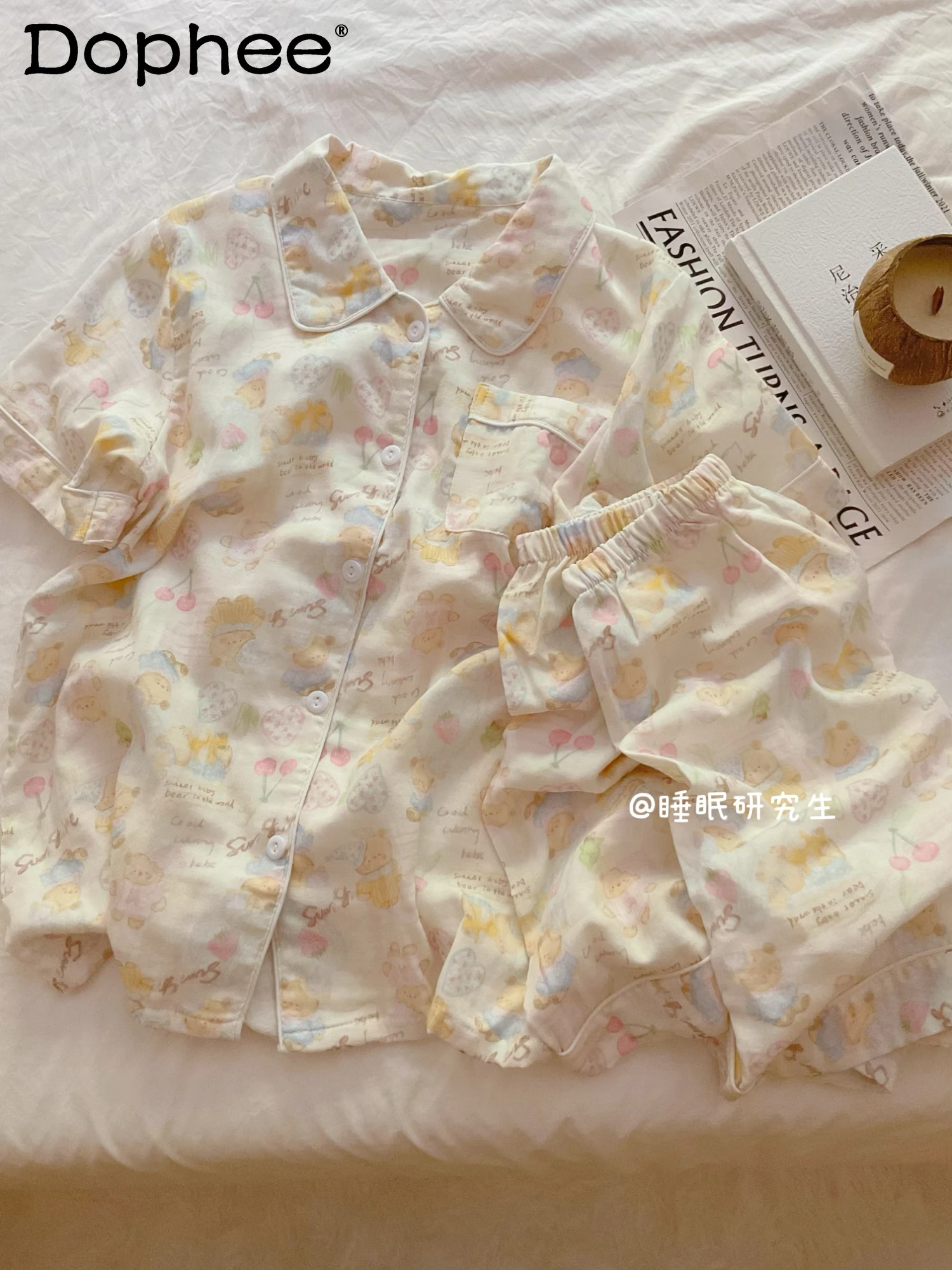 

2025 Summer Japanese Sweet Girl Pure Cotton Short Sleeve Pajamas Doll Collar Cartoon Cute Casual Comfortable Homewear Set