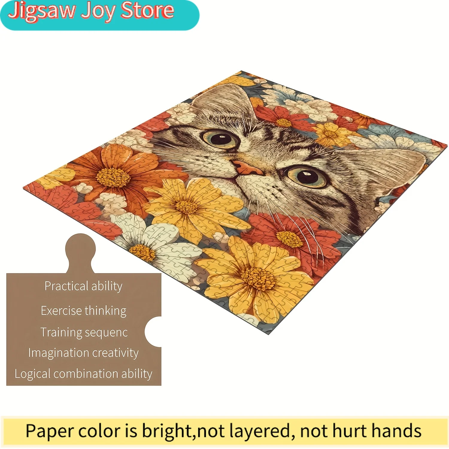 

Пазл для всей семьи - дизайн с кошкой табби и цветами, средний уровень сложности, деревянные элементы премиум-класса, идеально подходящие для сборки.