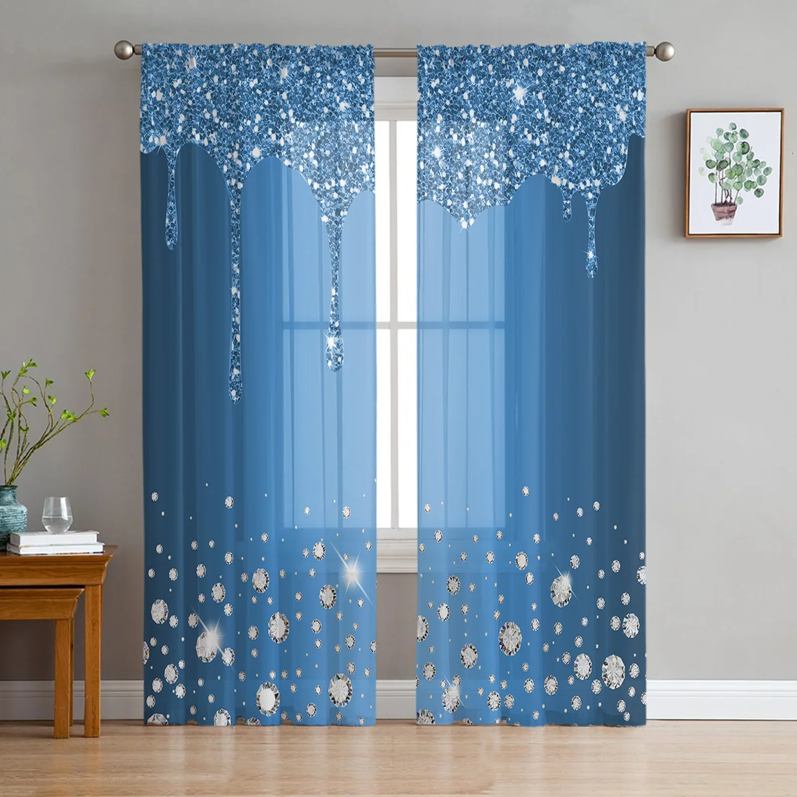 Blue Shiny Diamond Droplet Texture Tulle Curtains for Living Room Bedroom Window Sheer Curtains Kitchen Balcony Voile Curtains