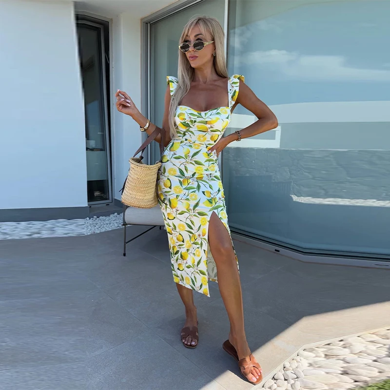 

Sweet Print Slim Fit Women's Dress Flying Sleeves Square Neck Backless Off Shoulder Split Vestidos New Summer Lady Y2k Robes