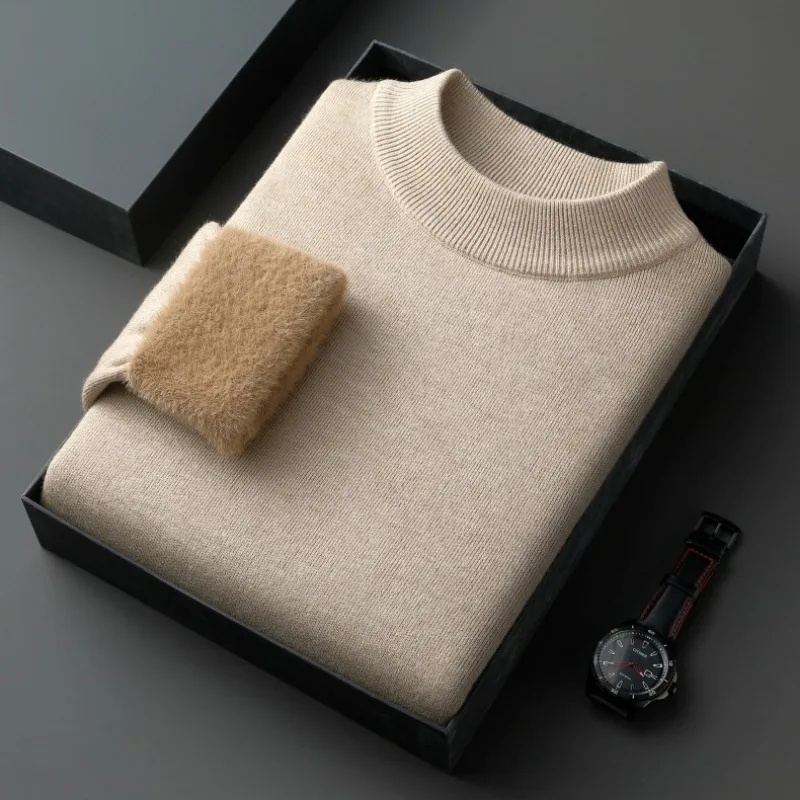 Men Autumn Winter Mock Neck Fleece Lined Wool Blend Sweater Luxury Warm Knit Pullover Live Stream Hot Selling Item