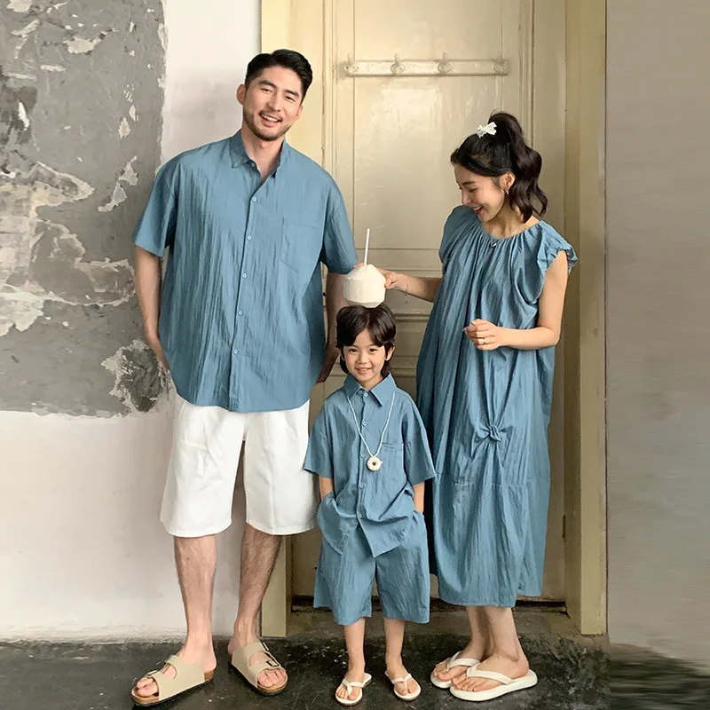 Family Matching Clothes for Brother Sister Mom Daughter Blue Dress Dad Son Clothing Korean Children Two Piece Set Couples Outfit