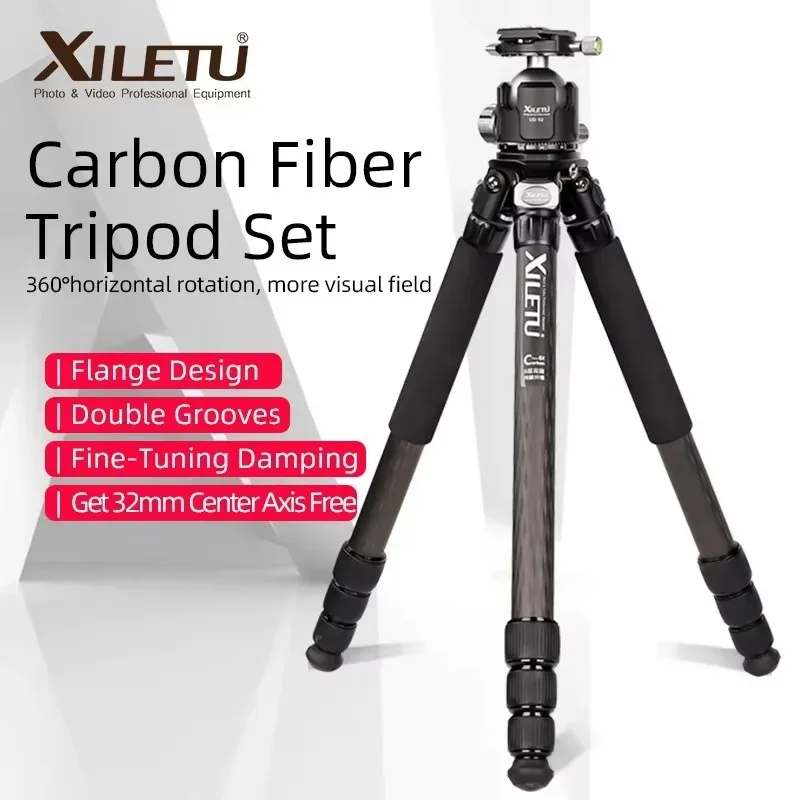 XILETU X Serials X324C+LG52 Professional Portable 32mm Double Grooves Carbon Fiber Tripod For DSLR Digital With Ball Head