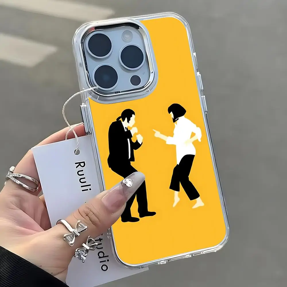 Coque de téléphone style affiche de film pour iPhone 17 16 15 14 13 12 11 Pro Max Plus avec bouton chromé et anneau de protection de l'appareil photo, transparente