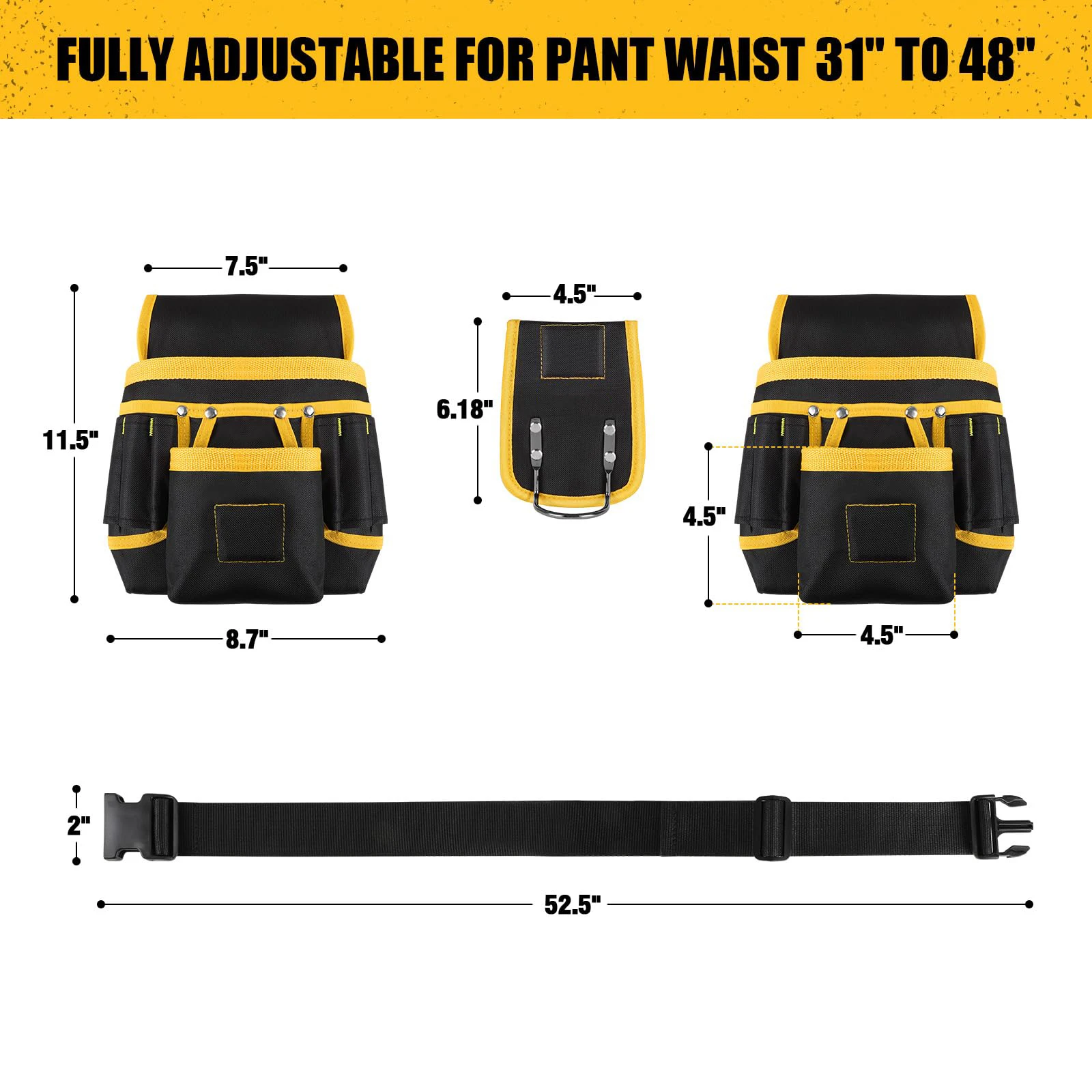 Men's magnetic tool belt, 26-pocket heavy-duty tool bag, magnetic gun holster nail detachable and adjustable waist bracket