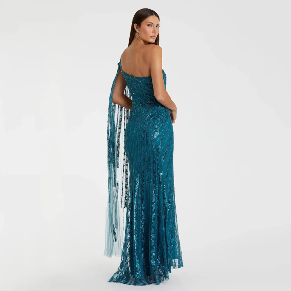 Exquisite Women Evening Dresses Slop Shoulders Backless One Shawl Sequins A Line Sweep Train Gowns Female Banquet Party Dresses
