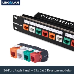 19 inch 24-Port Cat6 Modular Patch Panel Incl. 24pcs RJ45 Tool-less Keystone Jacks (Mixed Color Jacks: Red+Orange+White)