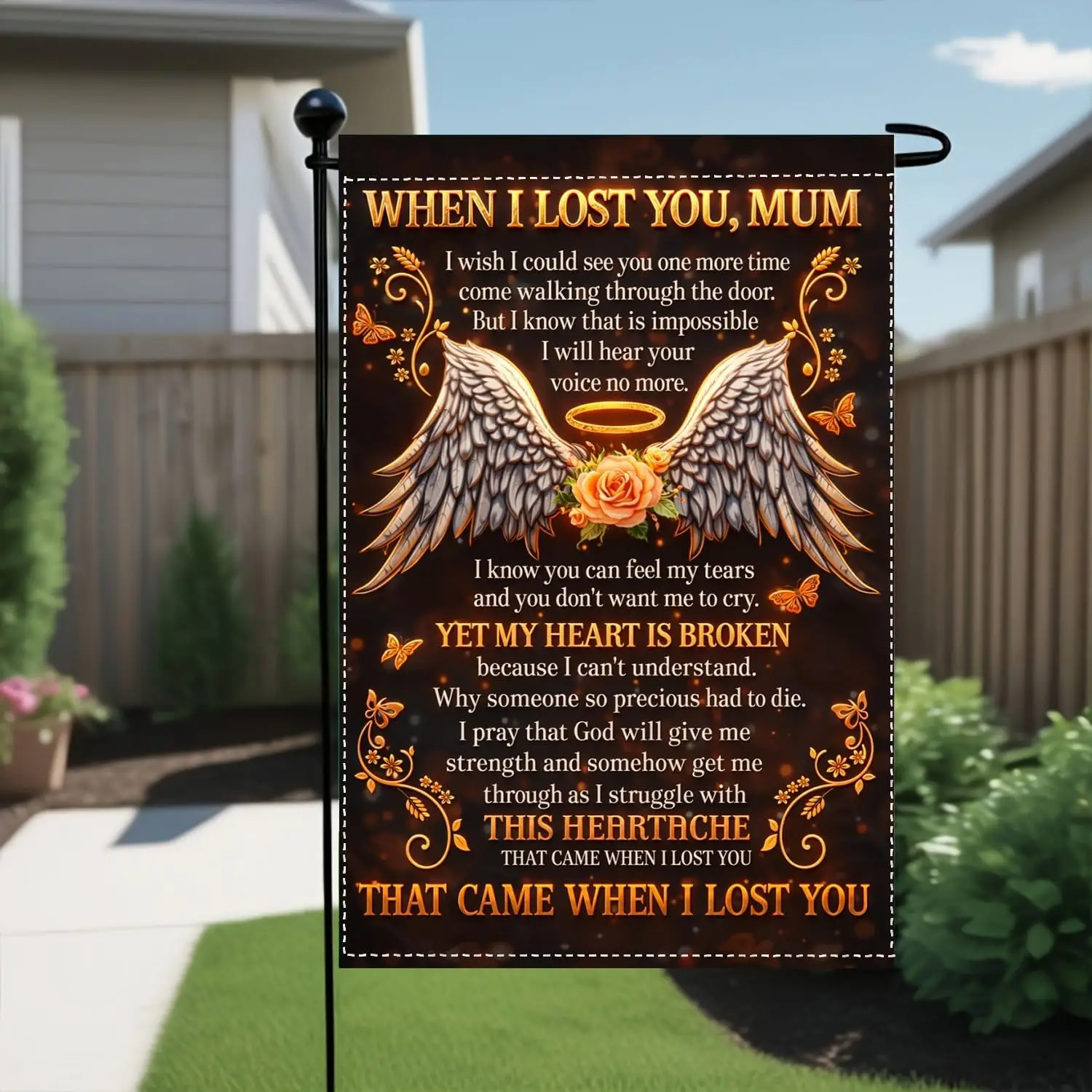 Memorial Garden Flag for Mom 12x18 Inch Double Sided | Angel Wings Design, Rose Memorial Theme, Sympathy Tribute Accent, Rem MMZ