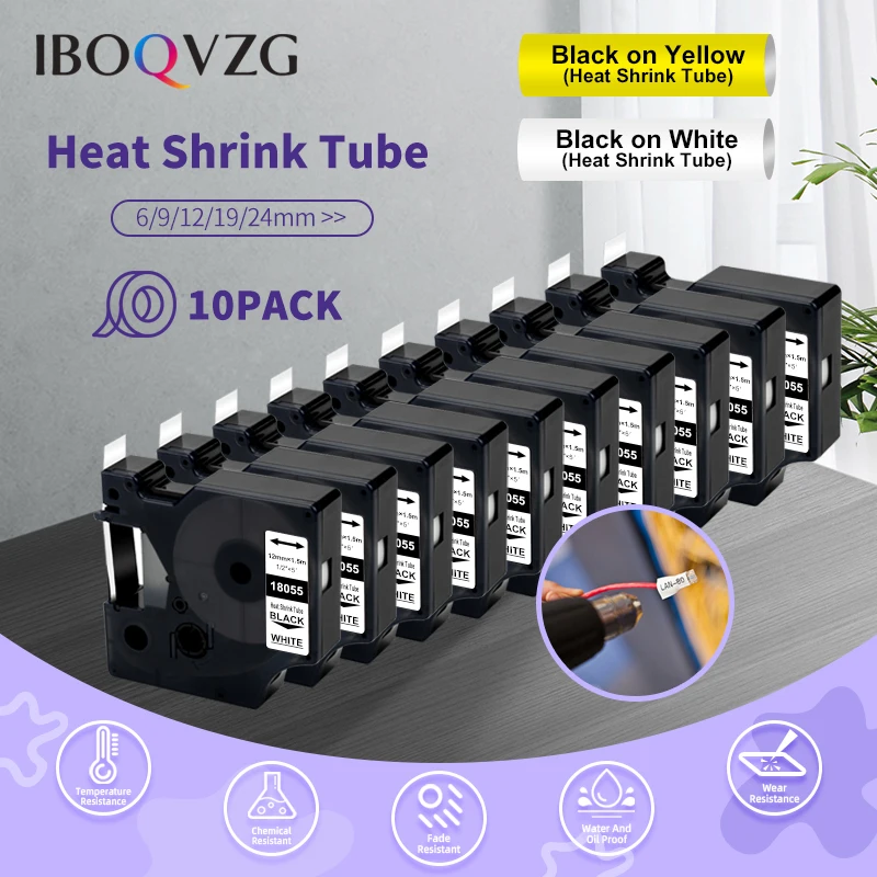 

10 Pcs Compatible for DYMO 18051 18052 18056 Rhino Heat Shrink Tube Industry Tape for Label Writer and Industrial Label Maker