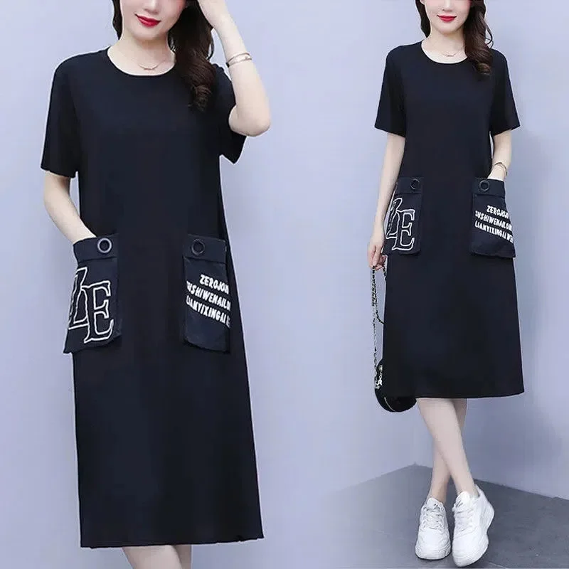 Fat Mother Pocket Loose Medium Long Dress Female 2022 Summer New All-match Belly Cover Slimming Casual T-Shirt Skirt Solid Color