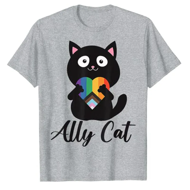 Rainbow Ally Cat LGBT Gay Pride Flag Heart Men Women T-Shirt Funny Cute Kitty Lover Graphic Tee Tops Lesbian, Bisexual Clothes