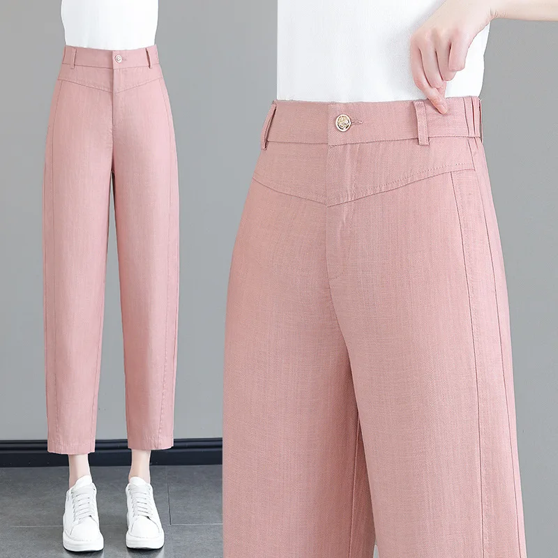 

High Waist Linen Casual Pants Small Straight Pants Tencel Linen Cropped Harem Pants Women