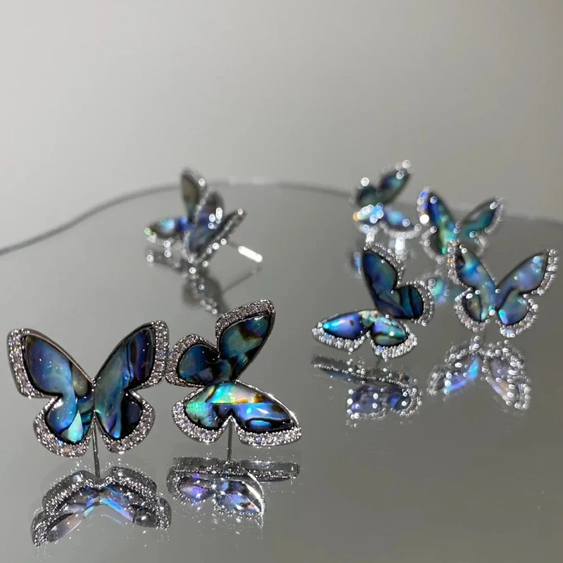 New Fashion Natural Abalone Shell Butterfly Stud Earrings for Women Silver Color Butterfly Zircon Earrings Jewelry Party Gifts