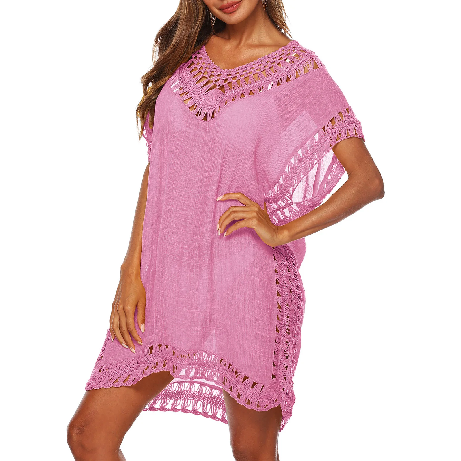 Womens Beach Cover Up Solid Color V Neck Short Sleeve Crochet Dress Sarongs for Women Beachwear Beach Kaftans