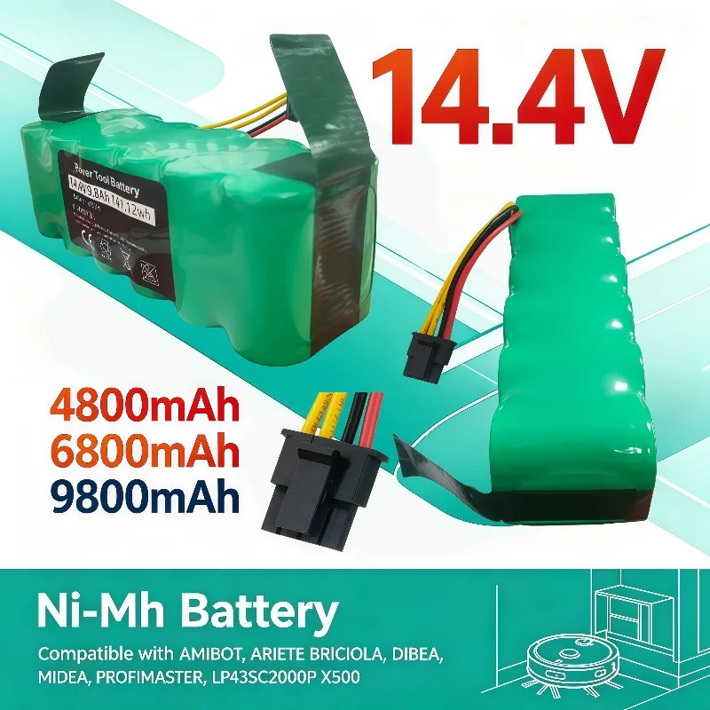 14.4V 4.8‑9.8Ah Ni‑Mh Replacement Battery Pack Fit AMIBOT ARIETE BRICIOLA DIBEA MIDEA PROFIMASTER X500