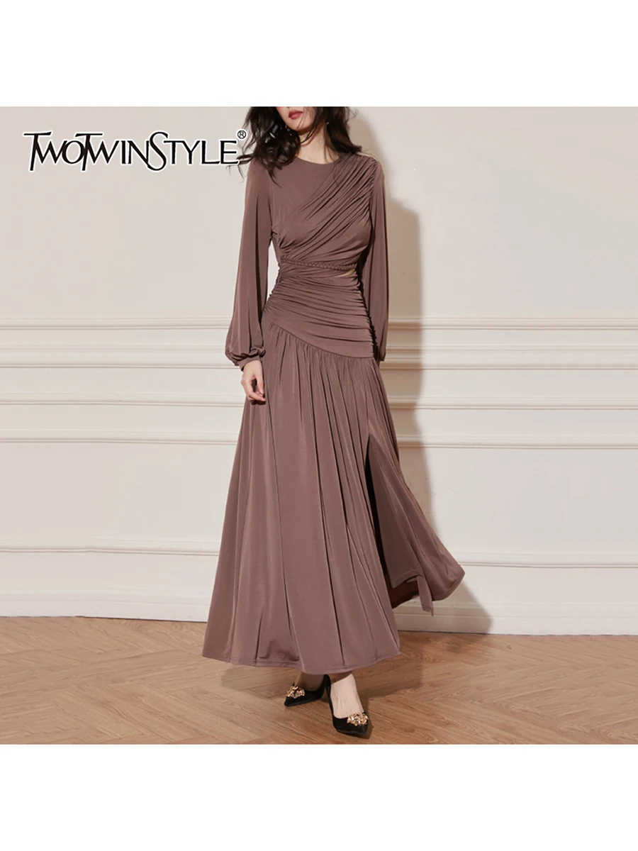 

TWOTWINSTYLE Slimming Spliced Folds Elegant Dresses for Women Round Neck Long Sleeves Tunic Dress Female Fashion Clothing New