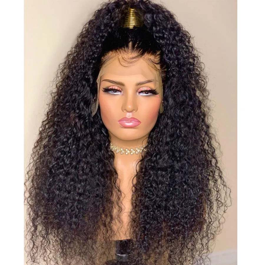 Natural Black Soft 180Density 26Inch Glueless Long Kinky Curly Deep Lace Front Wig For Women With Baby Hair Preplucked Daily
