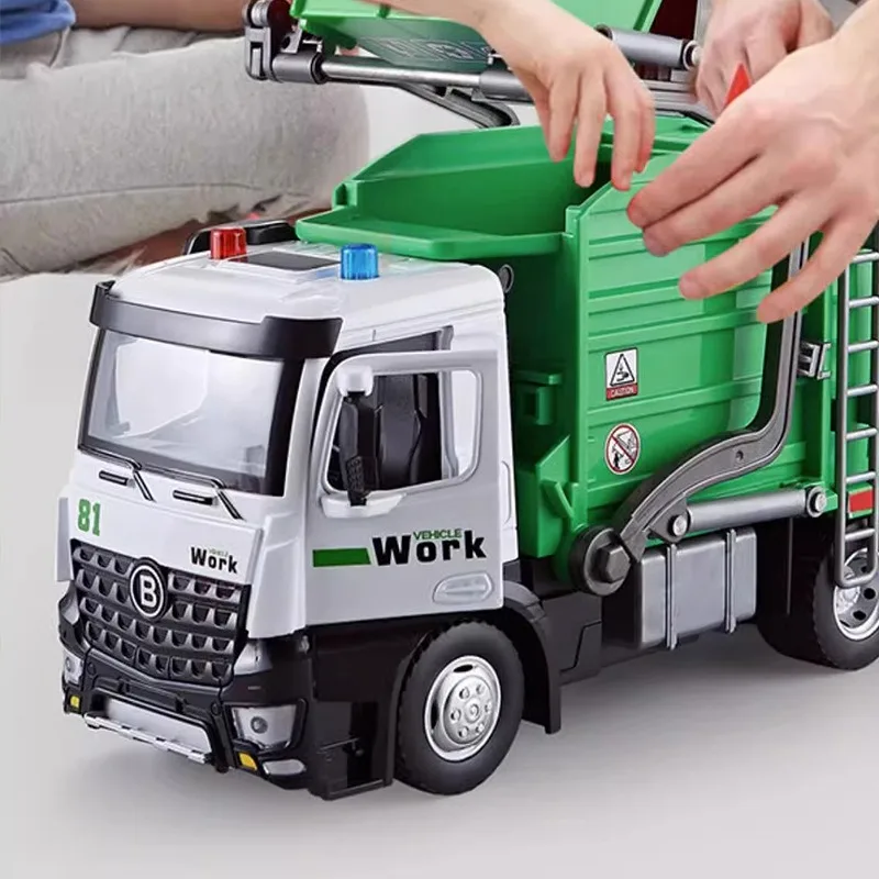 Alloy Sanitation Garbage Truck Openable Door Lifting Arm Tilting Bin Light Sound Waste Collection Vehicle Desktop Display Gift