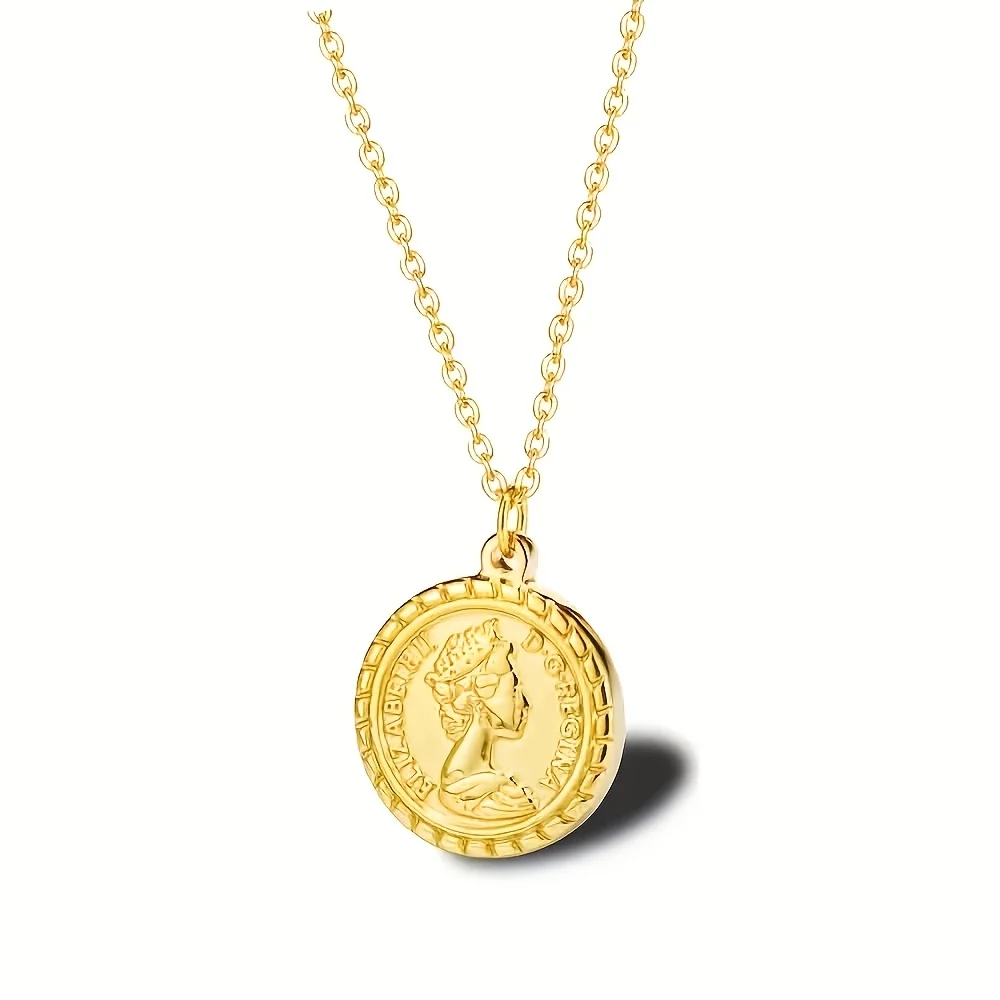 Vintage Queen Elizabeth Coin Necklace Stainless Steel Round Portrait Pendant Necklace