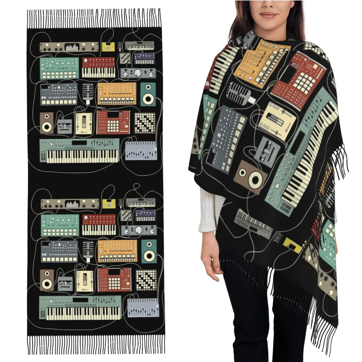 

Электронный музыкант, синтезатор и барабанная машина, Dj шарф, шарфы с кисточками, женские шали и накидки, большая осенне-зимняя шаль