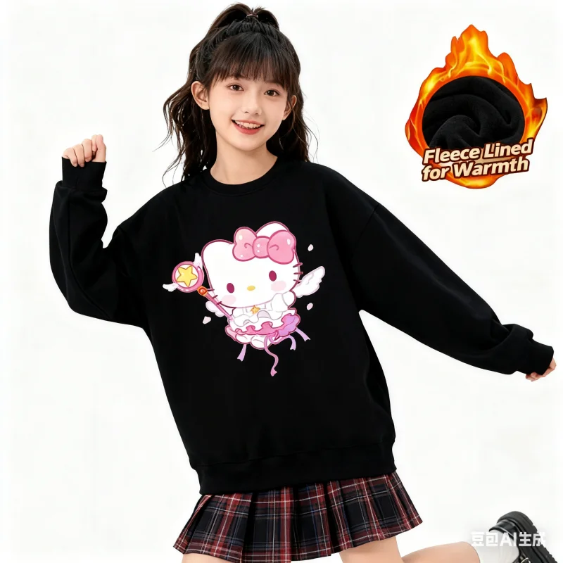 تي شيرت بأكمام طويلة ورقبة دائرية مطبوعة من سلسلة سانريو، تي شيرت لطيف ودافئ مبطن بالصوف برقبة دائرية وأكمام طويلة، قطن 100%