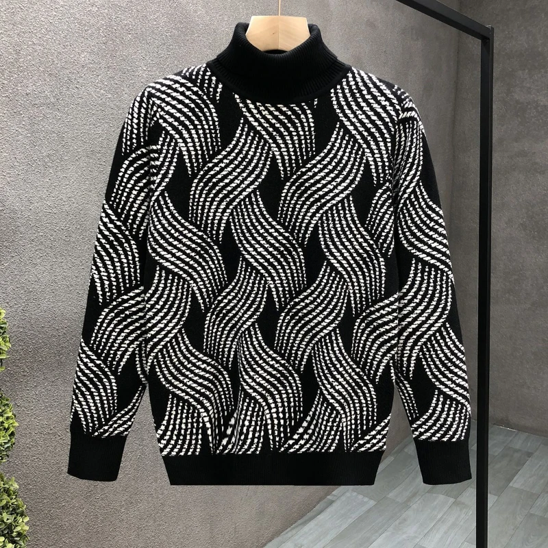 

Autumn Winter T-Shirts Men Turtleneck Printing Plus Velvet Thicken Fashion Long Sleeve Loose Warm Pullovers Bottoming Shirt Tops