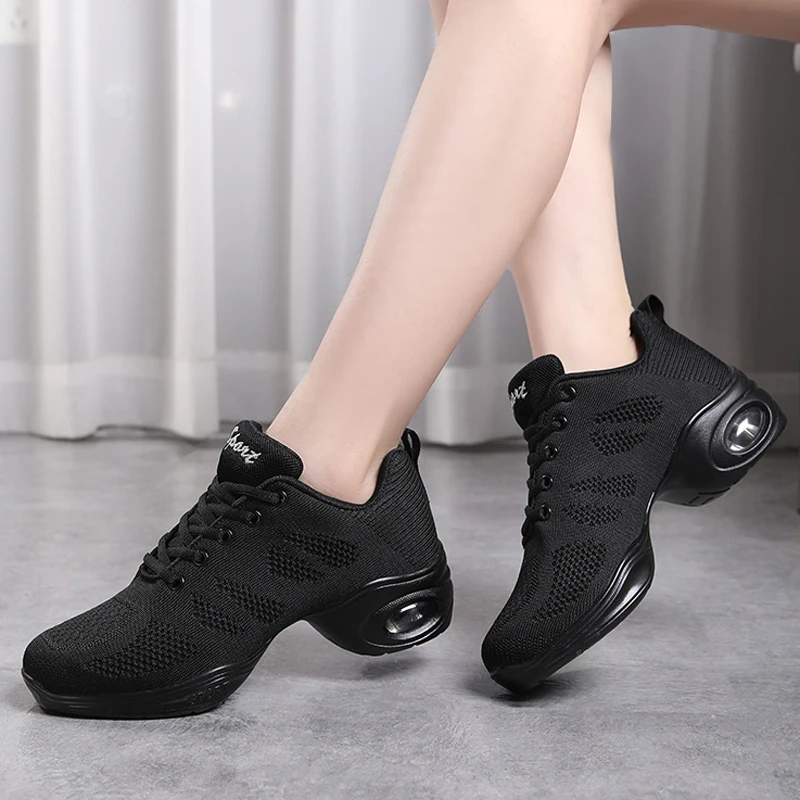 Women's Breathable Air Cushion Jazz Dance Shoes Lace Up Mesh Sneakers Athletic Walking Dance Thick Soled