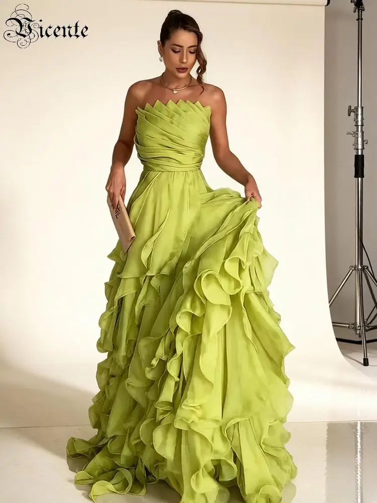 Vestido Maxi Verde Lima sin Tirantes con Volantes para Mujer, Elegante Vestido de Noche con Capas, Dobladillo Asimétrico, Vestido Formal para Fiesta