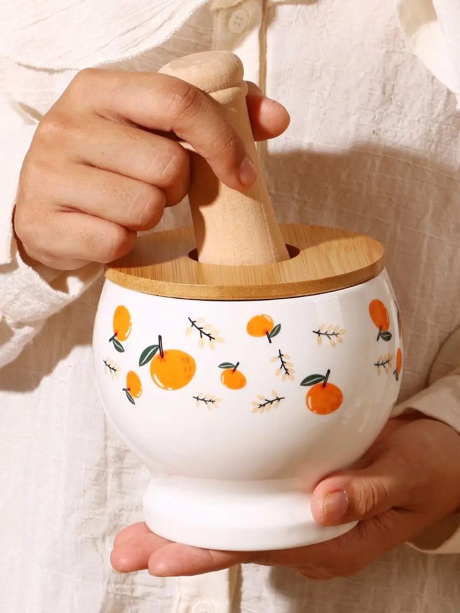 

KitchenSpecial retro thickened garlic mortar hand pressing type masher with lid household thread grinding porcelain jar with lid